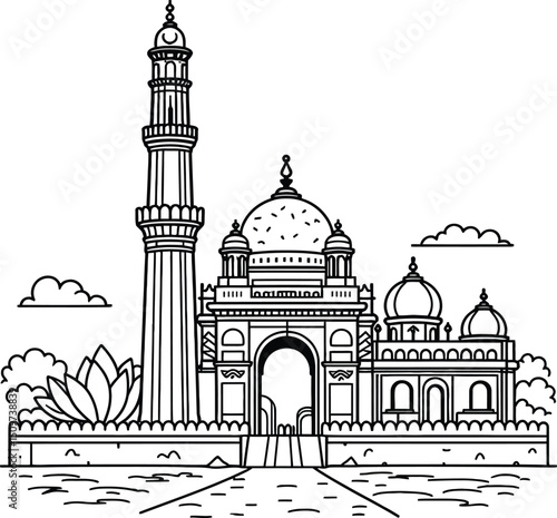 Black and white line art of Delhi city landmarks