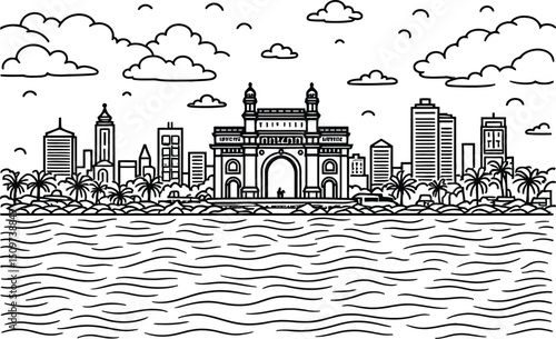 Detailed black line art of Mumbai city skyline in 1:1 ratio. Includes the Gateway of India with intricate arches