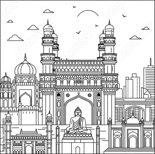 Line art illustration of Hyderabad skyline in square format. Highlights the symmetrical arches of Charminar, domes of the Golconda Fort, the Hussain Sagar Buddha statue