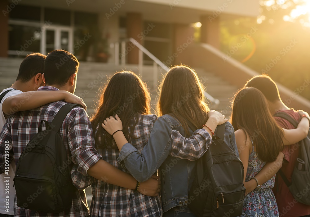 Fototapeta premium School Friends Supporting Each Other at Sunset. Generative Ai