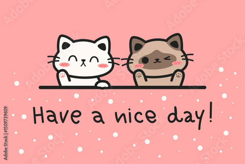 Cute cat friend waving paws wishing have a nice day, Hand drawn cat cartoon greeting card on pink background