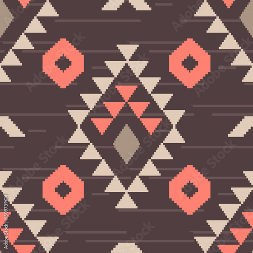 An intricate tribal pattern with geometric shapes and a variety of colors, reflecting traditional artistic styles