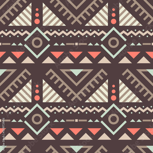 A vibrant tribal pattern featuring geometric shapes in various colors, showcasing intricate designs and cultural motifs