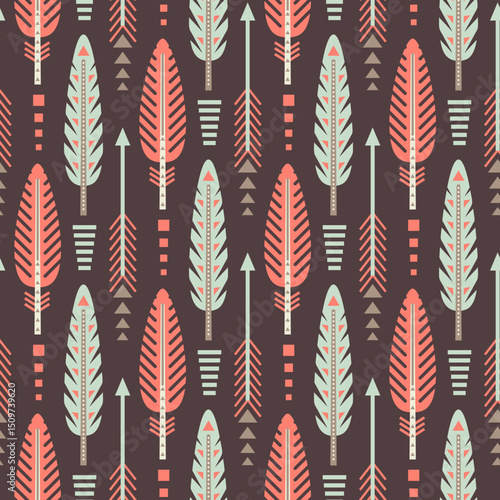 A dark background featuring a repeating pattern of arrows and feathers in various colors
