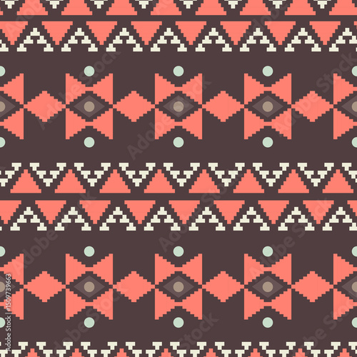 A colorful tribal design composed of geometric shapes, highlighting a blend of patterns and cultural artistry