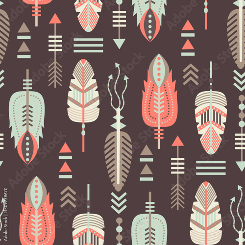 A decorative pattern of arrows and feathers set against a dark backdrop