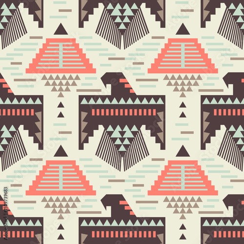 A colorful tribal pattern filled with geometric shapes, reflecting traditional design elements and artistry