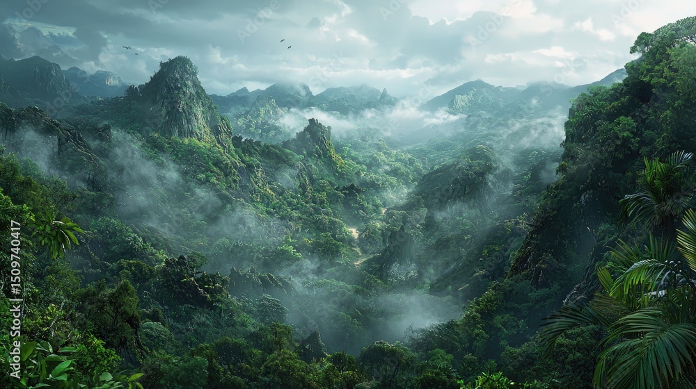 Obraz premium Lush, misty valley nestled amongst towering peaks.