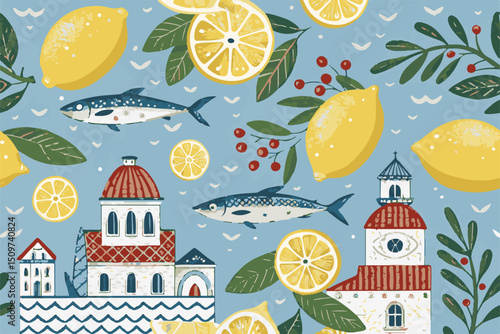 Mediterranean Lemons and Fish Illustration
