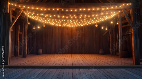 A rustic wooden theater stage in an old barn with ambient string lights