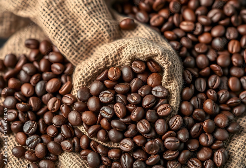 Fototapeta premium Coffee beans scattered on burlap sack, close-up view, caffeine, coffee plant
