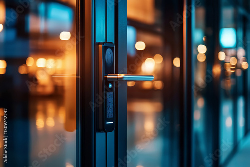 Modern door handle with blurred lights in the background.