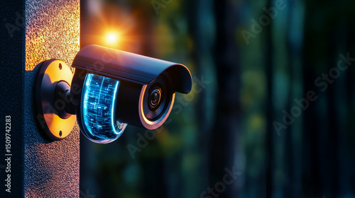 Modern security camera mounted outdoors in blurred nature background.