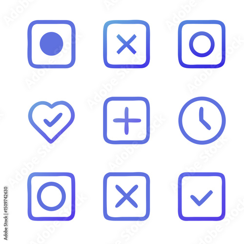 Gradient UI Icons A Set of Nine Modern Check, Cross, Plus, Heart, and Circle Icons for User Interfaces