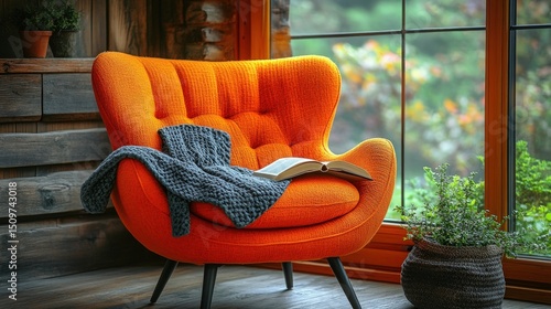 Cozy Orange Chair with Blanket and Open Book in Inviting Room
