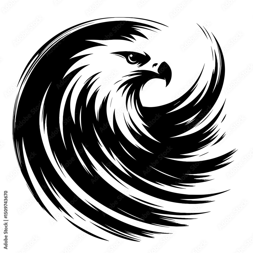 Fototapeta premium Majestic eagle head in dynamic circular design. Eagle portrait in abstract swirl. Powerful eagle graphic for logo, emblem, or brand identity.