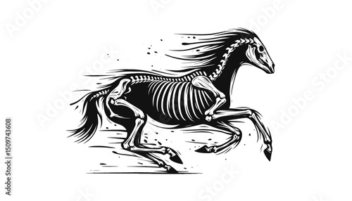 Running horse skeleton equine anatomy illustration. Skeletal horse galloping fast in dynamic pose. Artistic horse skeleton image for design projects.