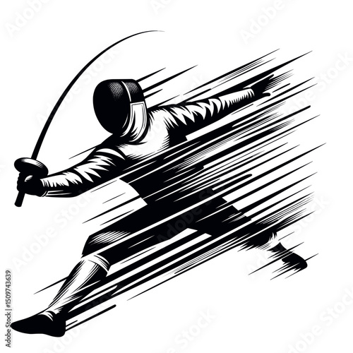 Fencing athlete in dynamic pose, sword in hand, ready for competition. Fencing action shot depicts skillful fencer executing lunge. This dynamic fencing image is perfect for sports websites,