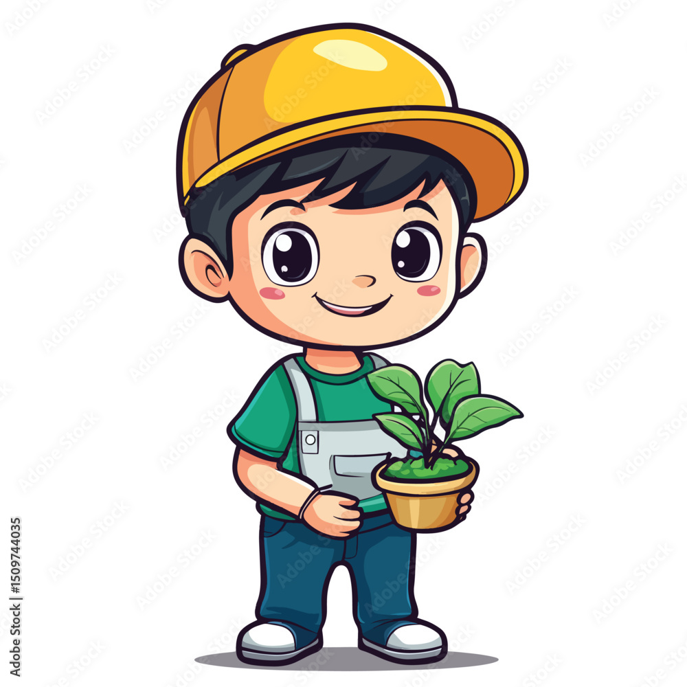 Cheerful Cartoon Boy Holding a Plant in a Pot Cheerful Cartoon Boy Holding a Plant in a Pot