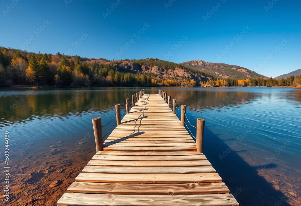Naklejka premium A lone wooden footbridge stretches over still lake water, surrounded by tranquil nature, photo, dusk