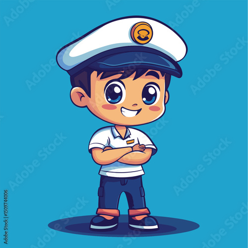 Cheerful Cartoon Boy in a Captains Uniform