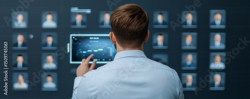 Man interacting with a tablet displaying multiple profile images. Sales pipeline management concept.