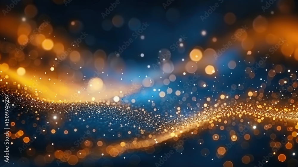 Stunning abstract background with golden bokeh and glowing particles on a blue backdrop. Stunning abstract background with golden bokeh and glowing particles on a blue backdrop.