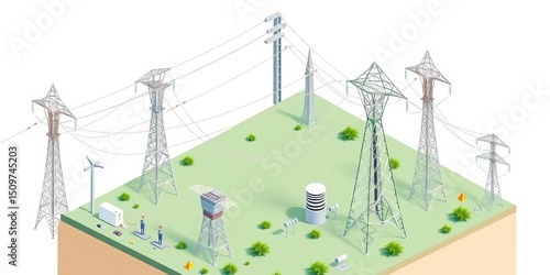 Isometric illustration of high-voltage power transmission grid elements, including towers, wires, and insulators,  power lines illustration,  engineering