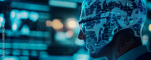 Silhouette of a person with digital data overlay against a blue backdrop.