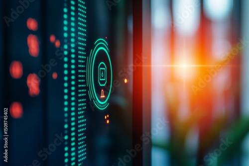 Digital display with glowing icons and abstract data visualization.