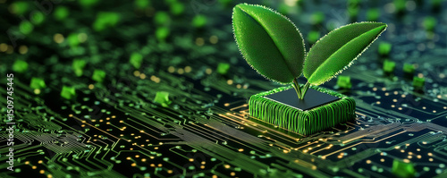 Digital circuit with a plant symbolizing eco-friendly technology.
