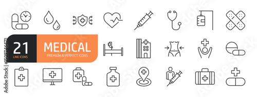 Set of line icons related to medical, vaccine, stethoscope, x-ray and more. Outline icons collection. Editable stroke. Vector illustration.