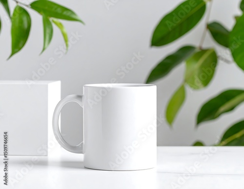 White mug on white surface with greenery