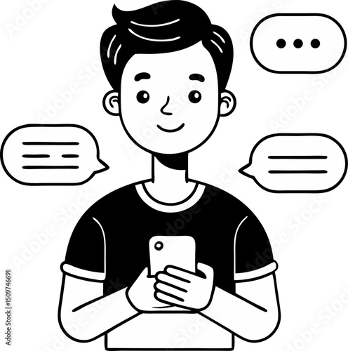 Casual Digital Conversation, A character Texting on their Phone, a millennial stands engrossed in a texting conversation on their smartphone stock illustration Thin Line Icon vector black and wh