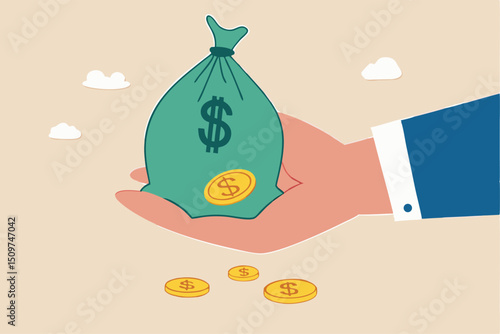 Tax payment or losing money without tax planning concept, businessman hand holding big money bag of revenue been slitted with dollar coin loss with the word tax.