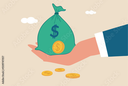 Tax payment or losing money without tax planning concept, businessman hand holding big money bag of revenue been slitted with dollar coin loss with the word tax.