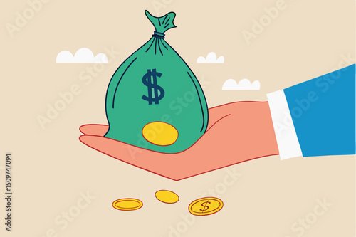 Tax payment or losing money without tax planning concept, businessman hand holding big money bag of revenue been slitted with dollar coin loss with the word tax.