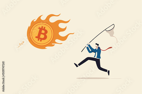 Chasing high performance bitcoin crypto currency in bull market, greedy speculation in Bitcoin trading concept, greedy businessman investor chasing try to catch hot fire flying bitcoin.
