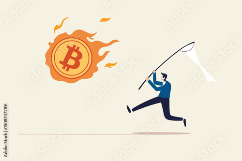Chasing high performance bitcoin crypto currency in bull market, greedy speculation in Bitcoin trading concept, greedy businessman investor chasing try to catch hot fire flying bitcoin.