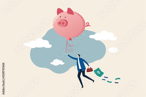 Financial freedom or financial independence concept, wealthy rich businessman floating high in the sky with piggy bank balloon.