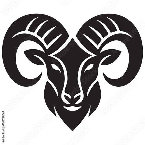 Black graphic stylized rams head with large curved horns Bold symmetrical design
