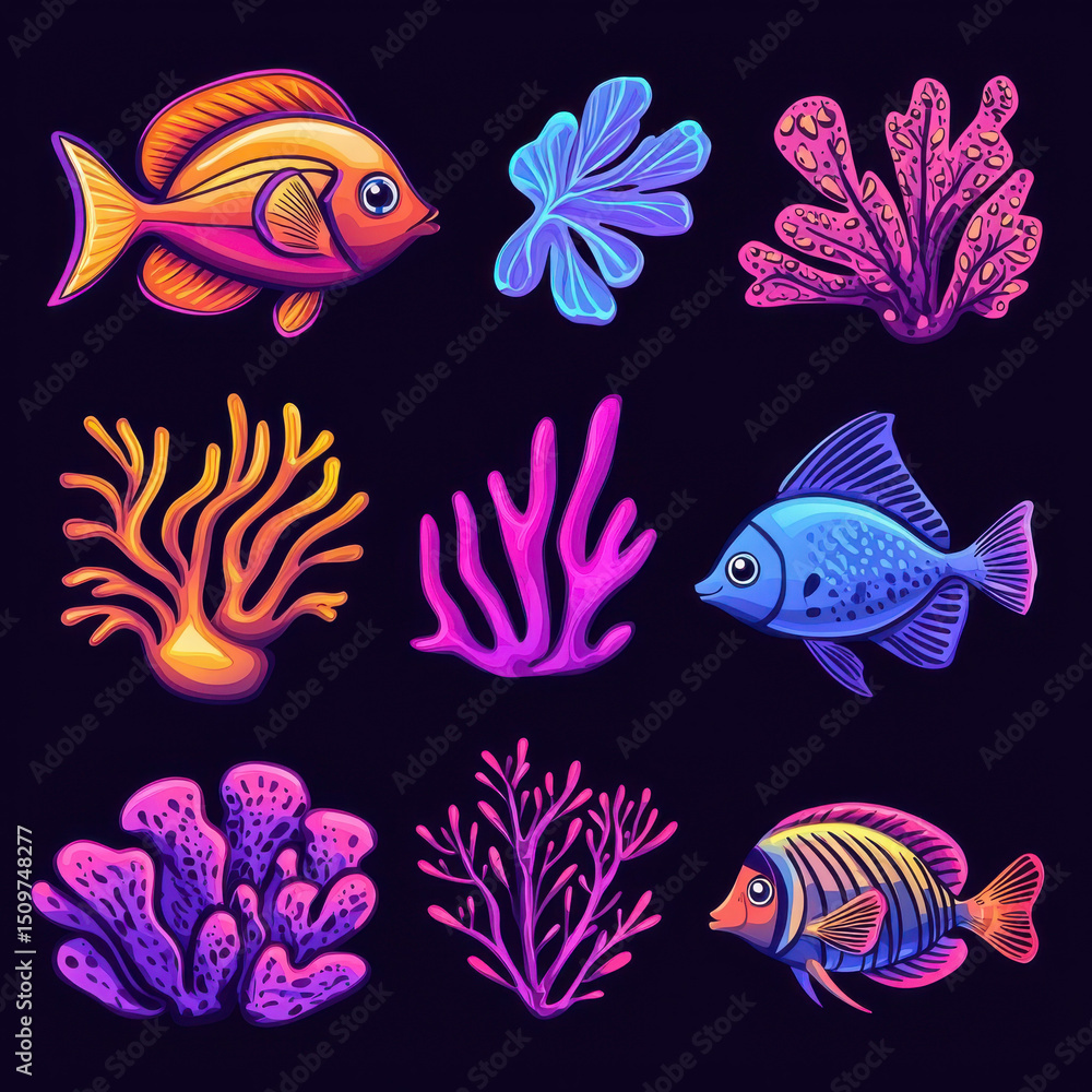 Fototapeta premium Colorful fish and vibrant corals create lively underwater scene, showcasing marine life in playful and artistic style
