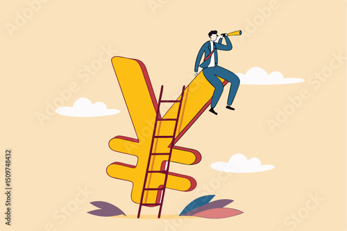 Japan economic vision and forecast, leadership skill to lead country financial in economics crisis concept, businessman climb up ladder to top on Japanese yen sign using telescope to see future vision
