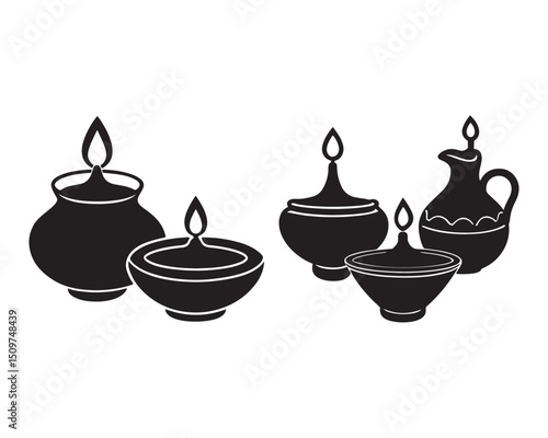 Earthen Lamp Black Vector Silhouette