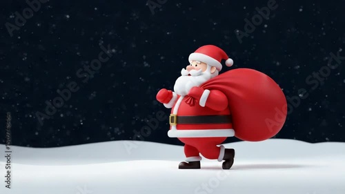 Cheerful Santa Claus trudges through snowy field with his large,red sack on back,while snow gently falls from the dark sky.Cartoon-style,3d imitation.