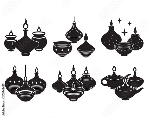 Earthen Lamp Black Vector Silhouette