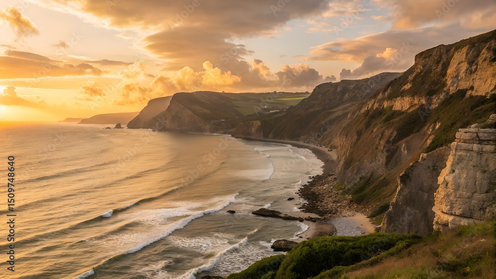 Coastal Sunset: A breathtaking coastal scene unfolds as the sun dips below the horizon, casting a warm golden glow over rugged cliffs, tranquil waves and a serene beach. Coastal Sunset: A breathtaking coastal scene unfolds as the sun dips below the horizon, casting a warm golden glow over rugged cliffs, tranquil waves and a serene beach.