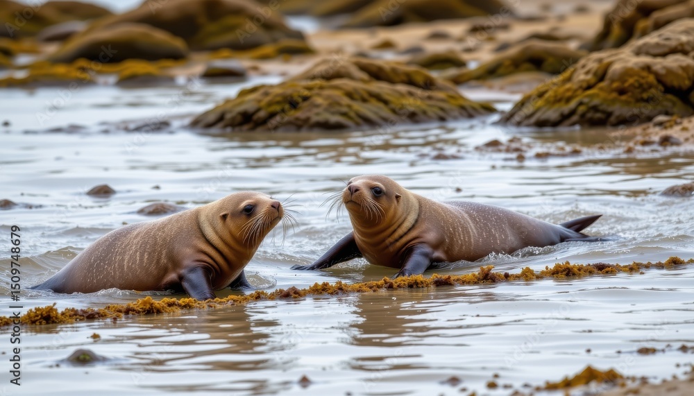 Fototapeta premium chubby seals playing tag in shallow water, one tripping over a seaweed line; seaside background with tide lines and rocks drawn precisely.