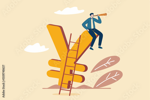 Japan economic vision and forecast, leadership skill to lead country financial in economics crisis concept, businessman climb up ladder to top on Japanese yen sign using telescope to see future vision