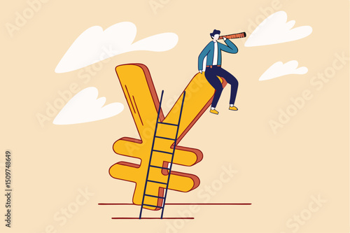 Japan economic vision and forecast, leadership skill to lead country financial in economics crisis concept, businessman climb up ladder to top on Japanese yen sign using telescope to see future vision